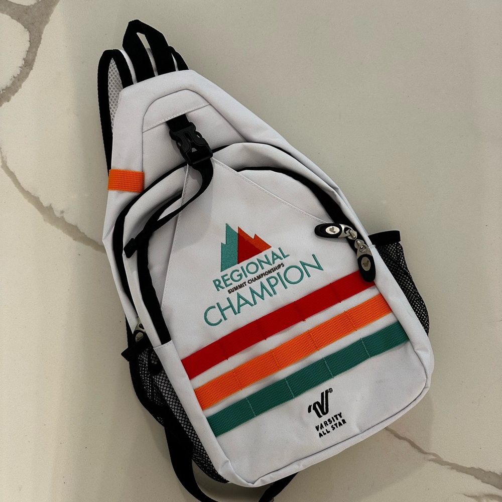 Varsity Regional Summit Champion White Sling Bag with Orange & Teal Stripes